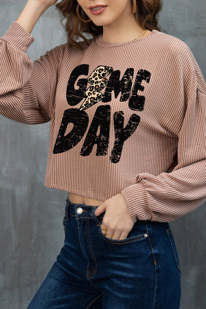 Game Day Khaki Corded Knit Top with Graphic Detail