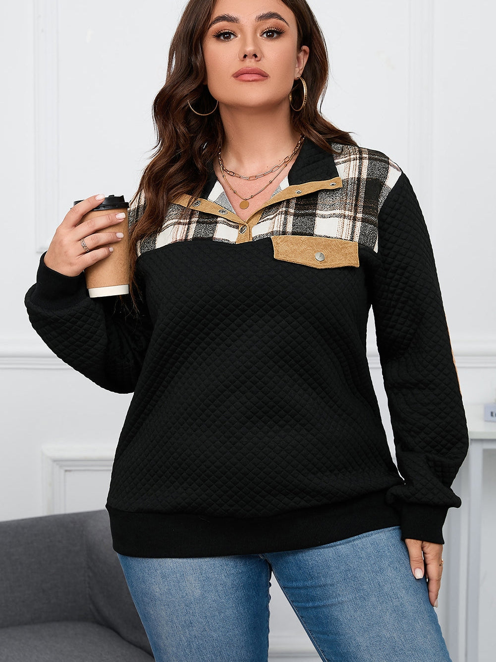 Quilted Black Plaid Patch Plus Size Henley Sweatshirt