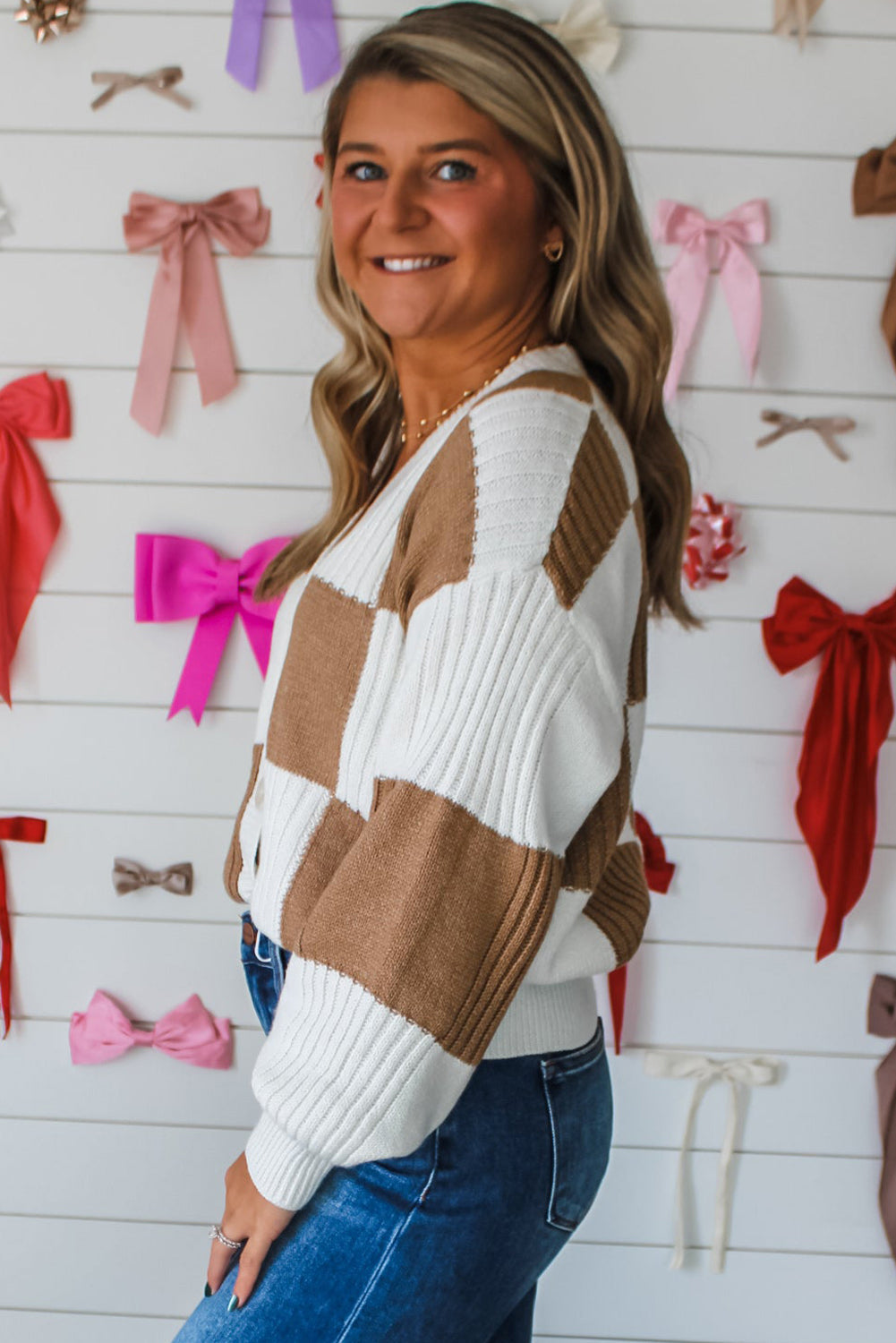 checkered cardigan sweater