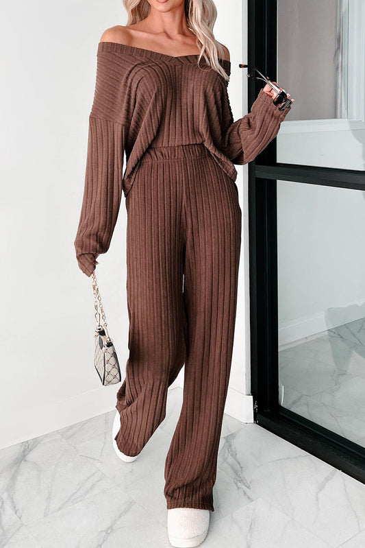 Coffee Wide Rib Knit Drop Shoulder V Neck Pullover Loose Pants Set