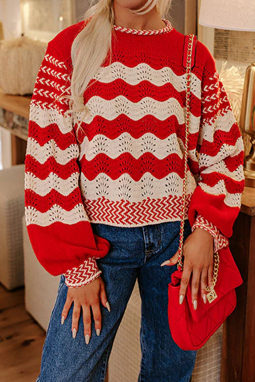 Black Stripe Pointelle Knit Contrast Trim Puff Sleeve Sweater