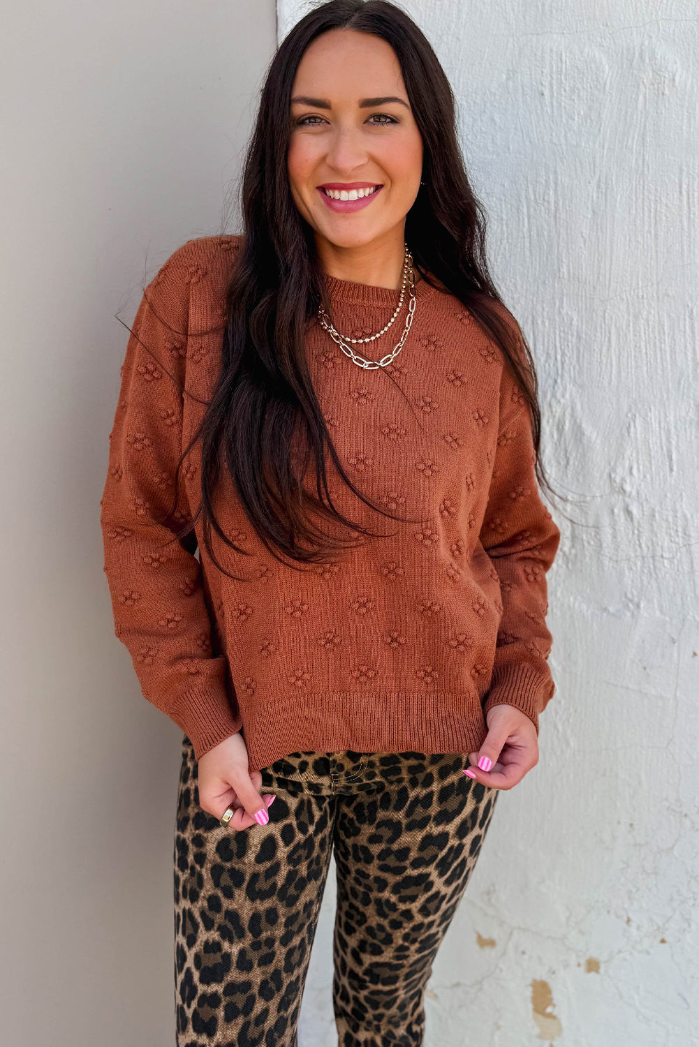 Clay Solid Color Flower Texture Knit Drop Shoulder Sweater