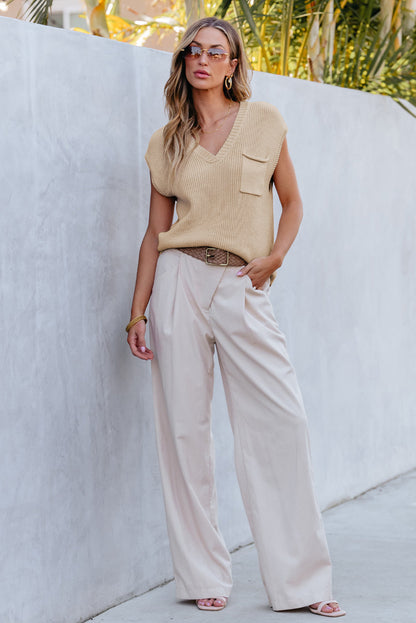 Apricot Ribbed V Neck Cap Sleeve Sweater with Chest Pocket