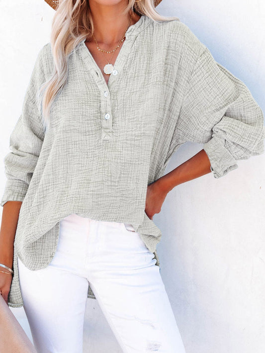 Gray Crinkle Texture Henley Top with Loose Fit
