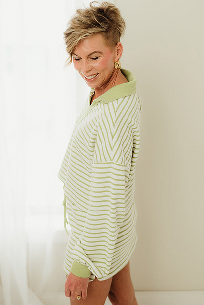 Green Stripe Contrast Banded Long Sleeve Polo Tee Mini Skirt Plus Size 2pcs Set