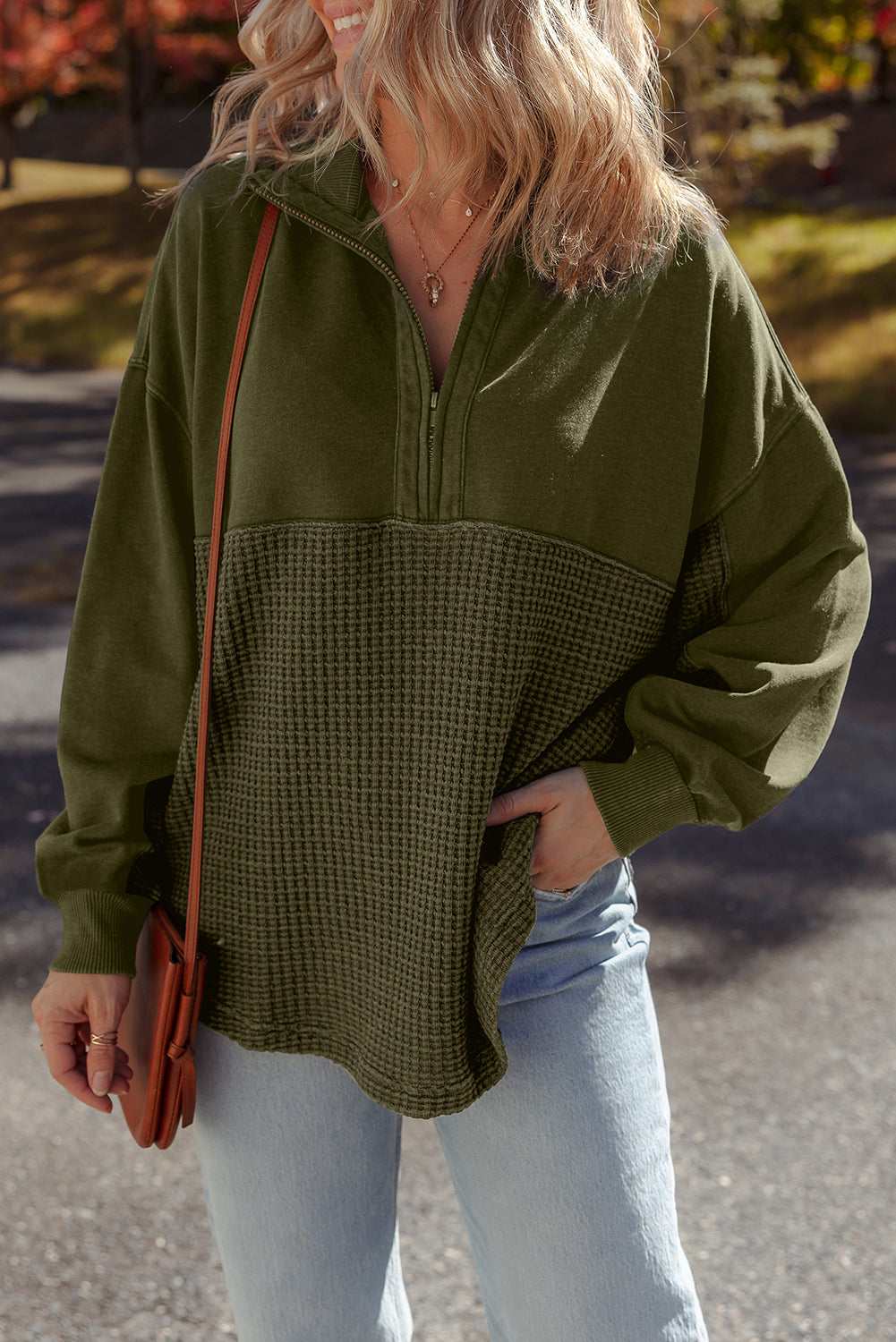 Moss Green Waffle Knit Patchwork Half Zipped Casual Sweatshirt