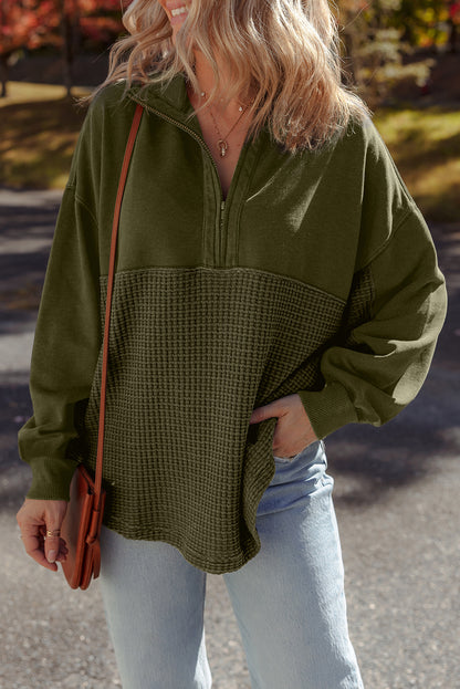 Moss Green Waffle Knit Patchwork Half Zipped Casual Sweatshirt