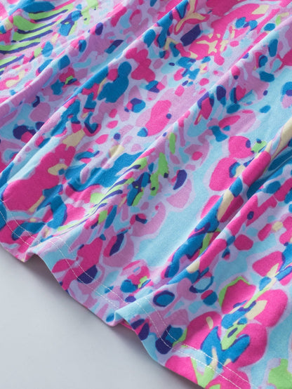 Sky Blue Floral Print Ruffle Sleeve Plus Size V Neck Top