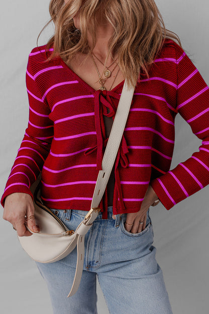 Red Stripe Tie Front Striped Knit V Neck Cardigan Sweater