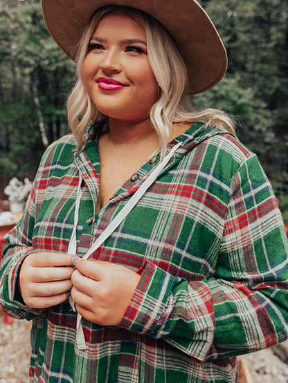 Green Plus Size Plaid Kangaroo Pocket Drawstring Hoodie