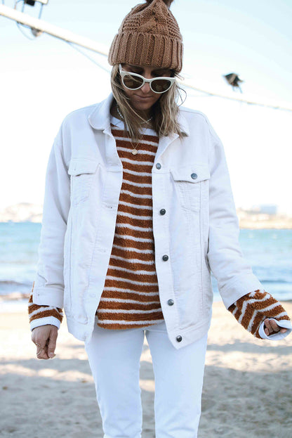 Brown Stripe Plush Drop Shoulder Round Neck Baggy Sweatshirt