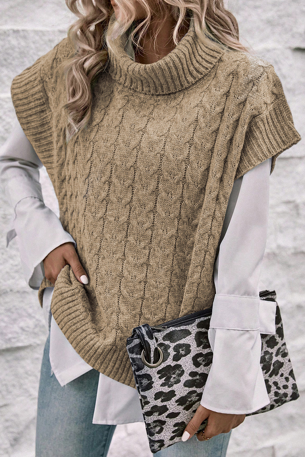 French Beige Cable Knit Turtleneck Batwing Sleeve Sweater with Unique Details
