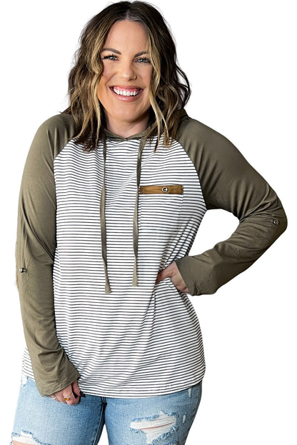Green Striped Plus Size Hoodie with Raglan Sleeves and Buttoned Pocket