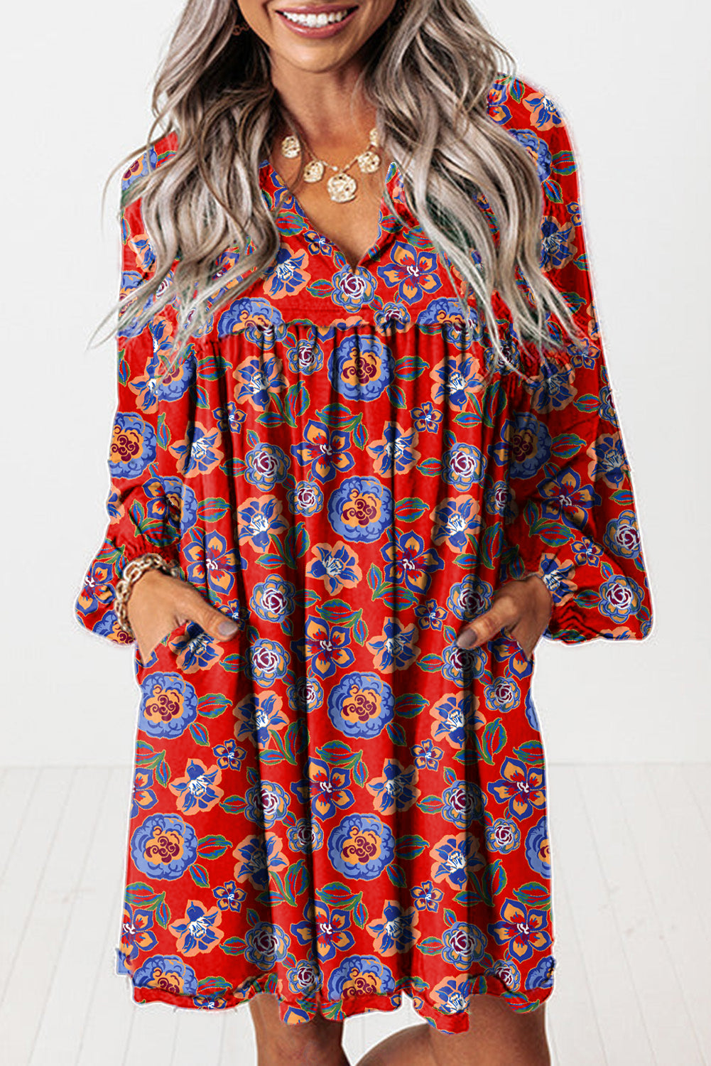 Red Floral Print Split Neck Bubble Sleeve Shift Mini Dress