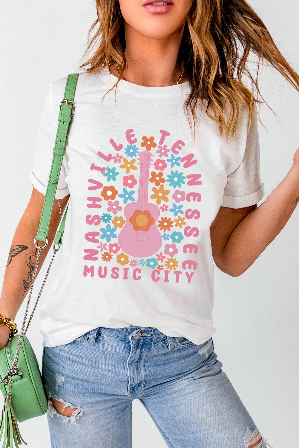 Floral Guitar Harmony Graphic Tee with Nashville Vibes