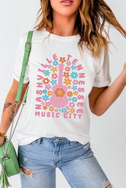 Floral Guitar Harmony Graphic Tee with Nashville Vibes