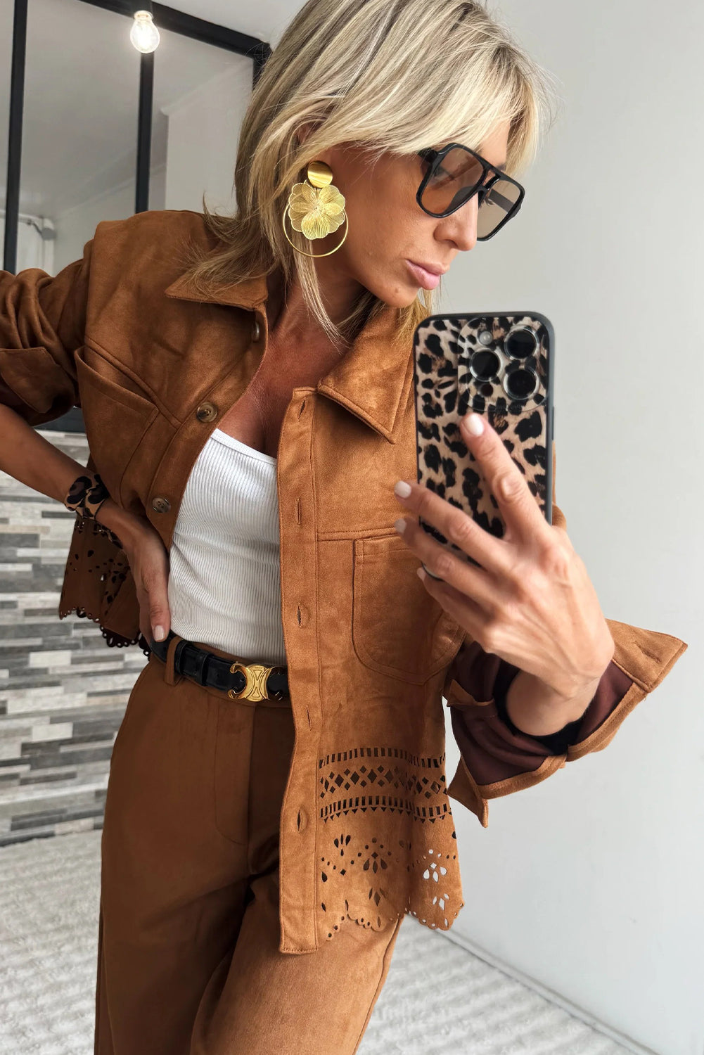 Thai Curry Solid Color Faux Suede Hollowed Detail Button Down Jacket