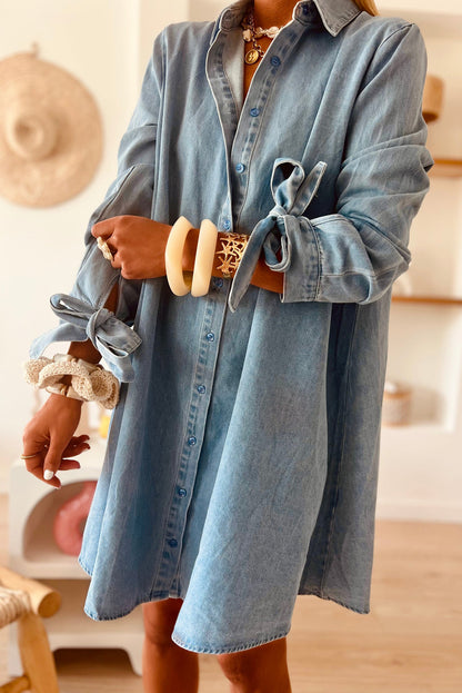 Dusk Blue Knot Cuff Long Sleeve Button Front Loose Denim Shirt Dress