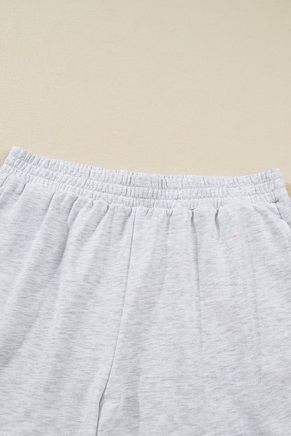 Light Grey Girly Bow Embroidered Puff Sleeve Pullover Loose Shorts Plus 2pcs Outfit