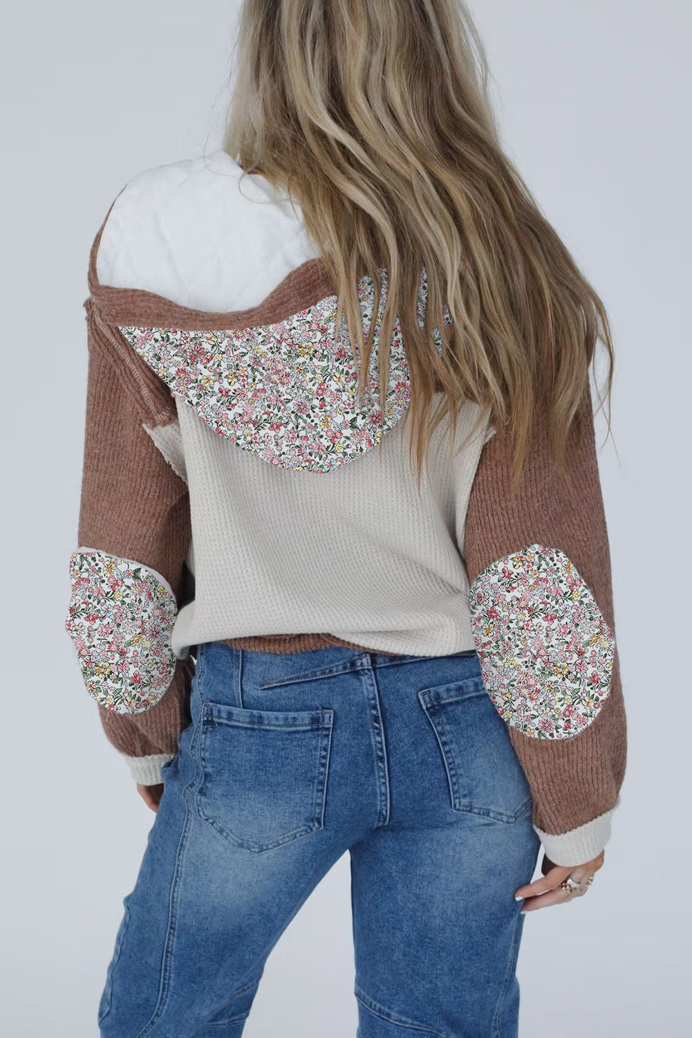 Jet Stream Mixed Textured Colorblock Floral Patchwork Hooded Shacket