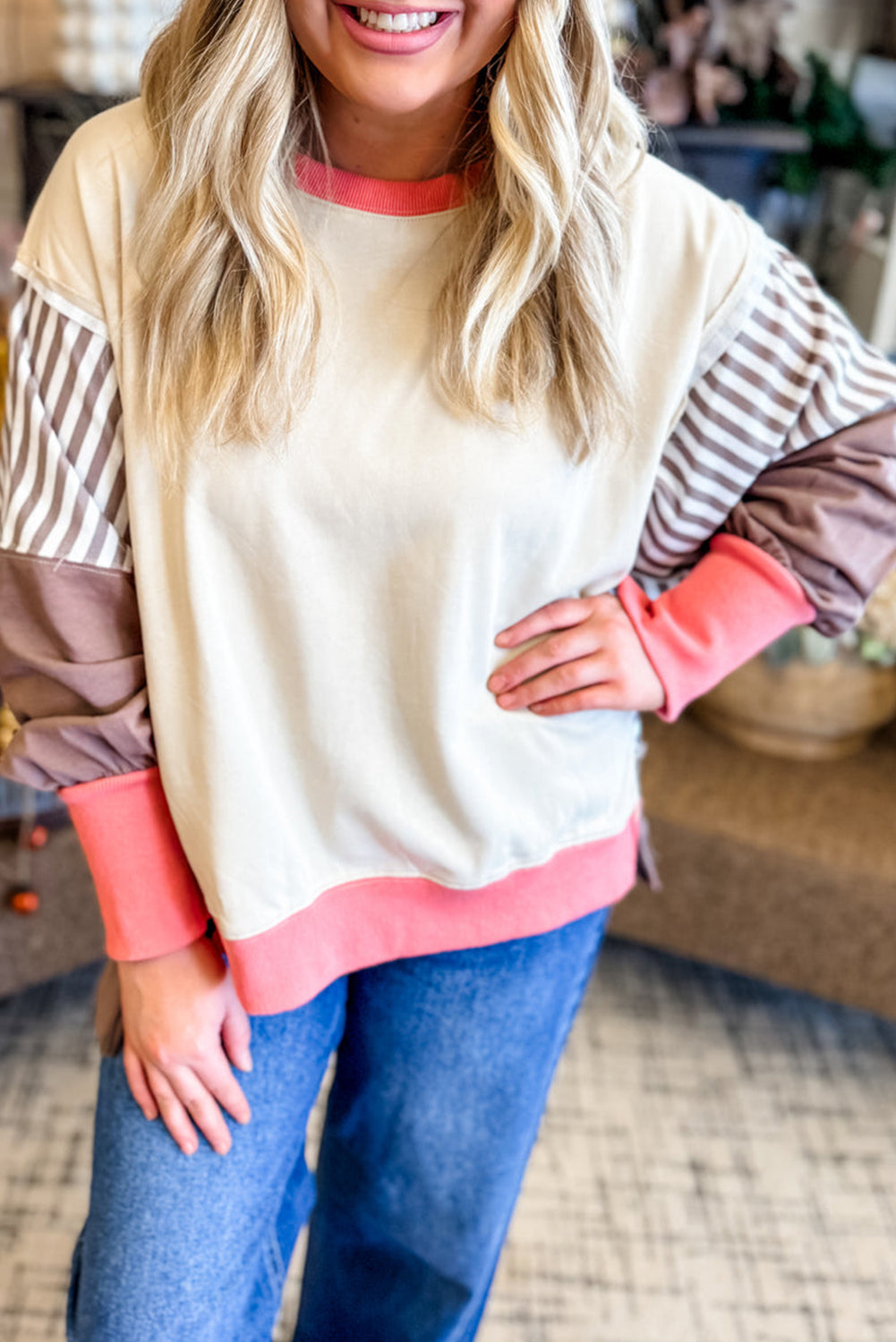 White Color Block Striped Patchwork Dolman Slit Sweatshirt