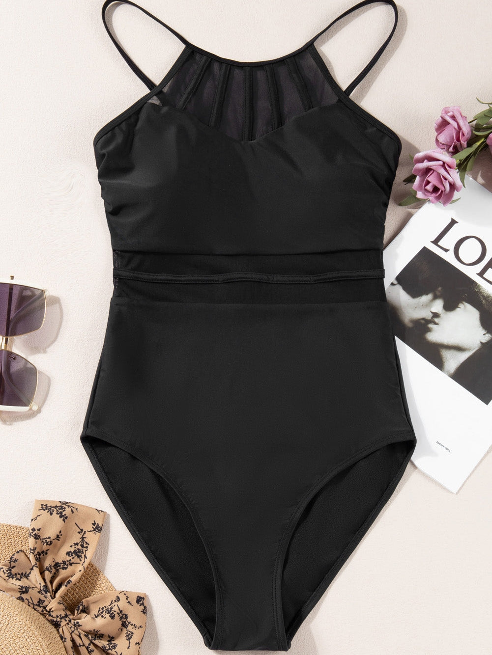 Elegant Black Mesh Detail One-Piece Swimsuit with Adjustable Straps