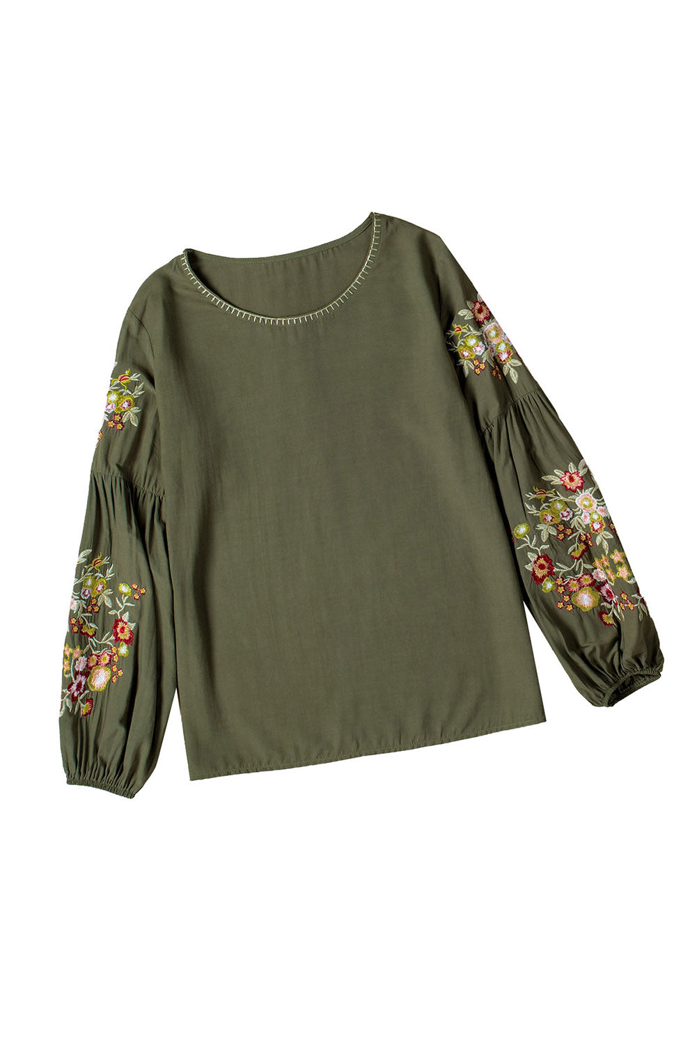Emerald Green Floral Embroidered Crew Neck Top
