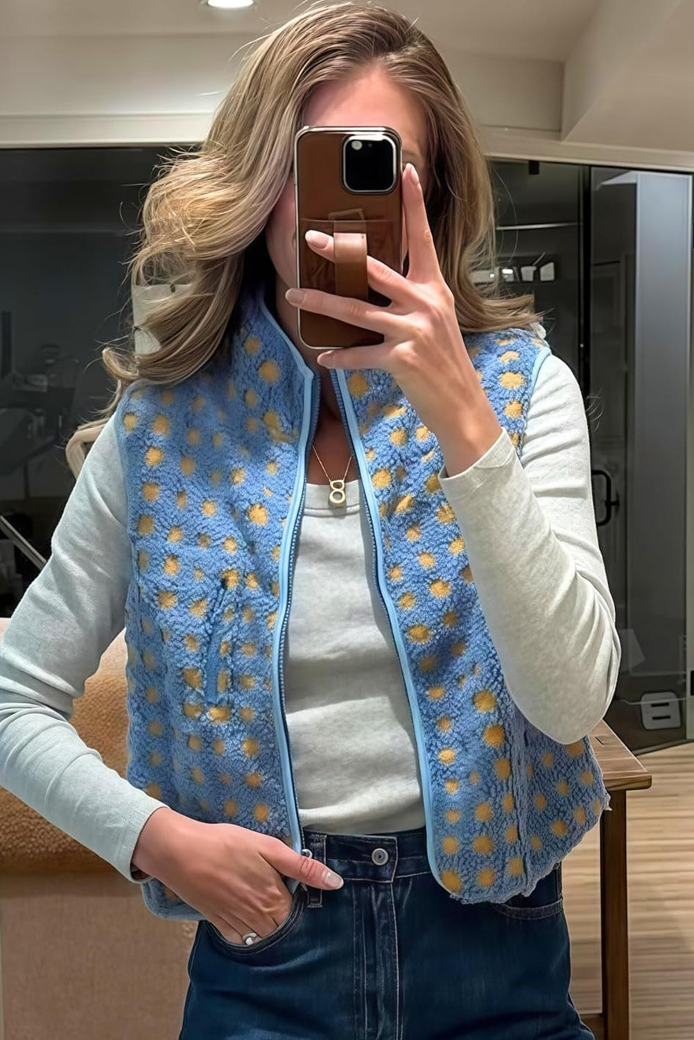 Light Blue Checkered Texture Plush Zip Up Winter Vest