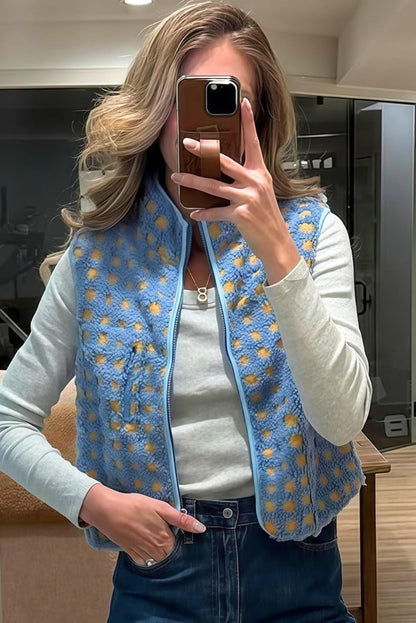 Light Blue Checkered Texture Plush Zip Up Winter Vest