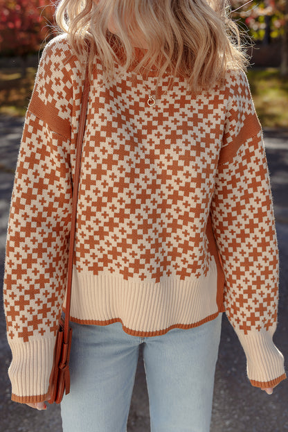 Brown Two Tone Contrast Geometric Ribbed Edge Loose Sweater