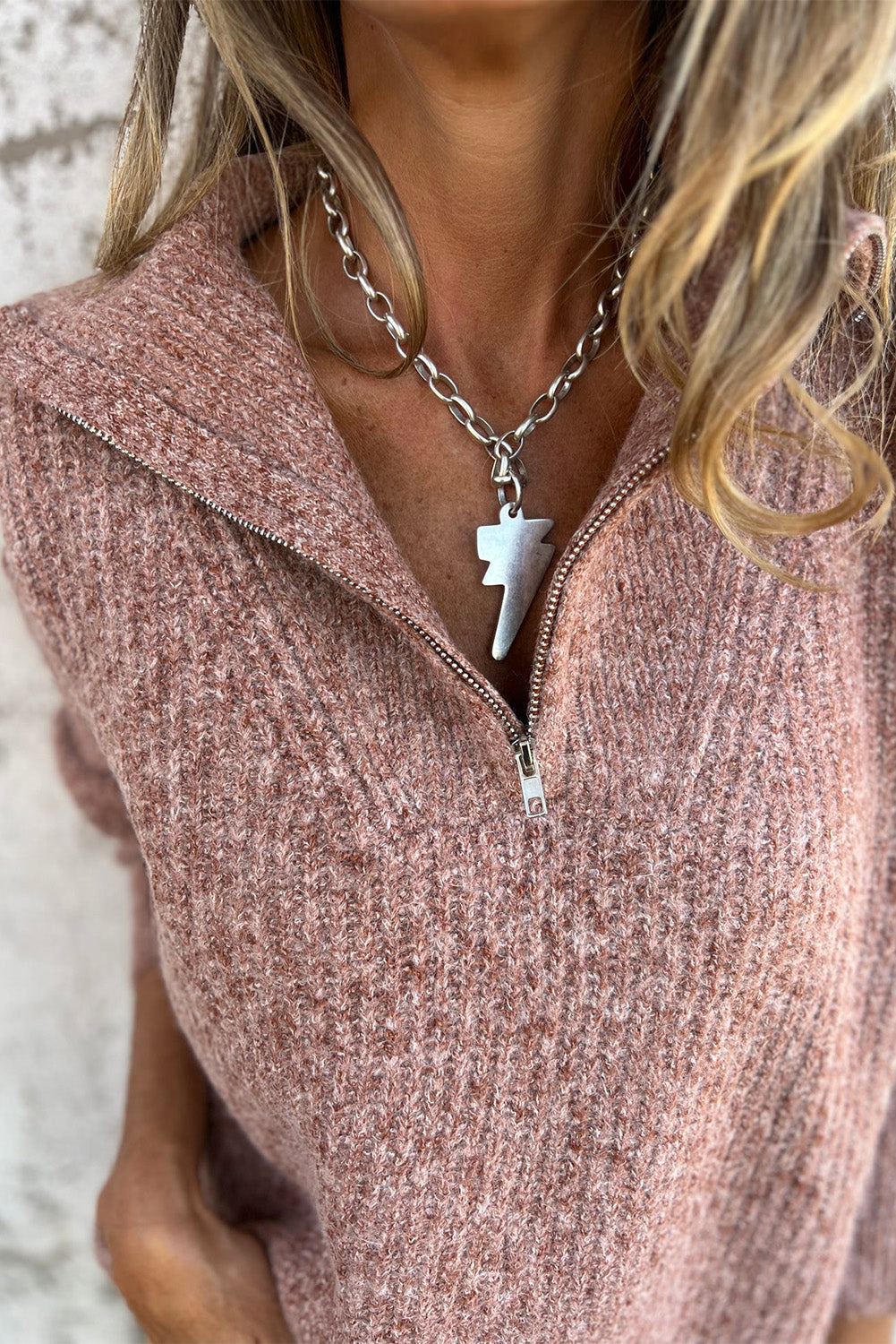 Rose Tan Half Zipped Collar Drawstring Hem Casual Sweater