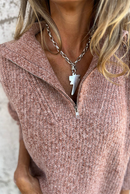 Rose Tan Half Zipped Collar Drawstring Hem Casual Sweater