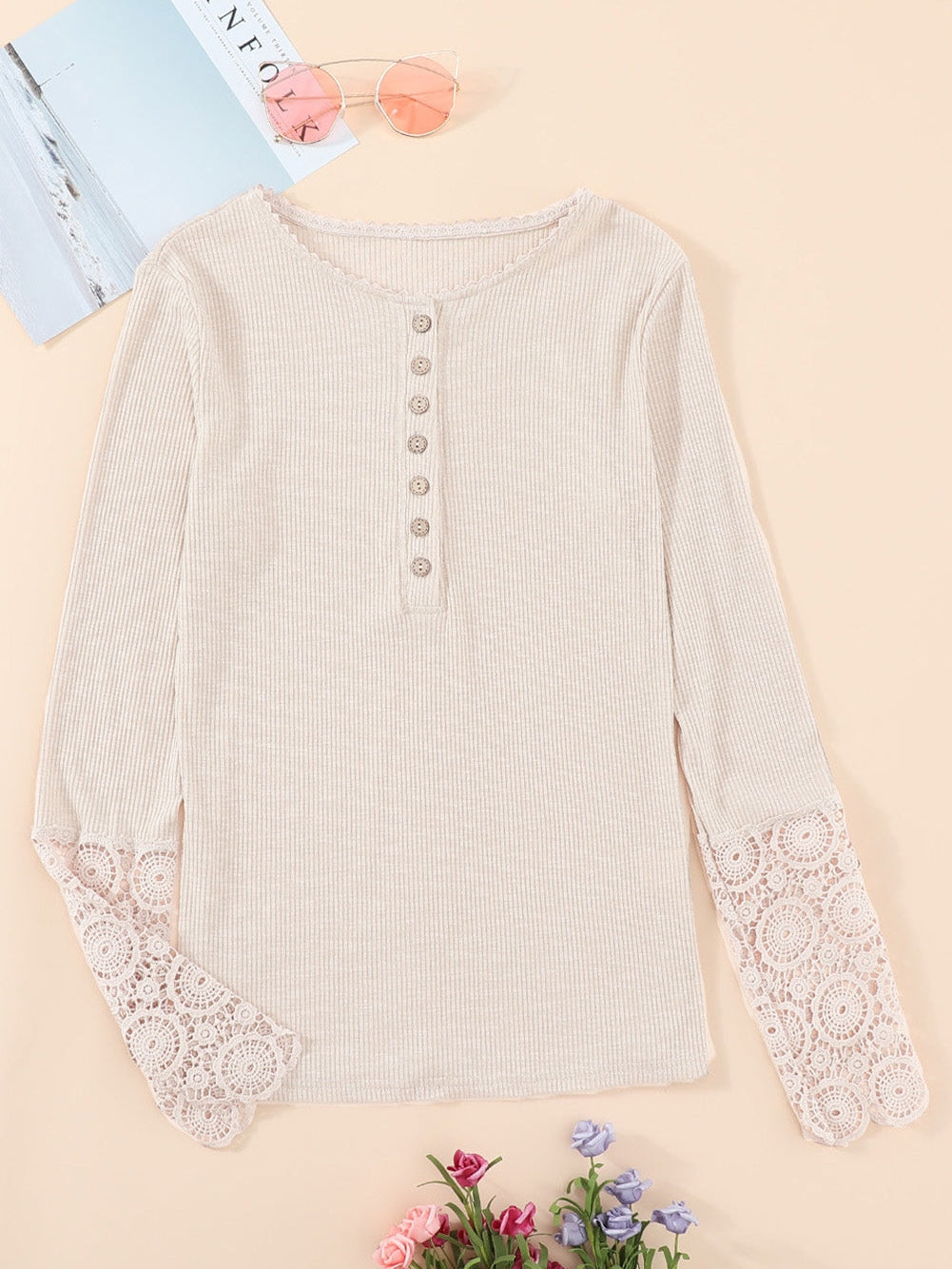 Beige Crochet Lace Sleeve Button Detail Top