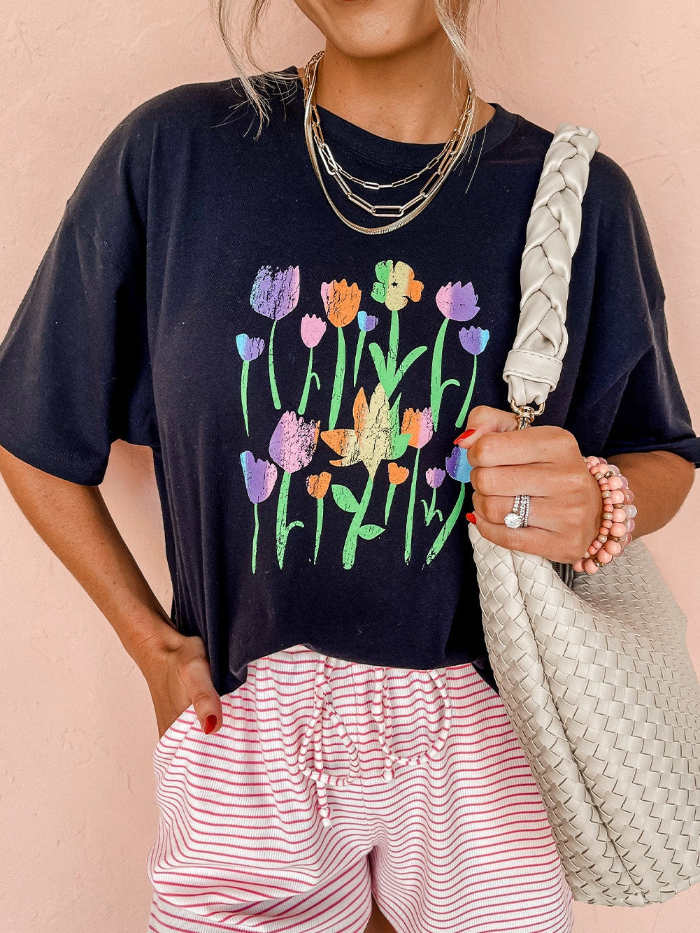 Floral Charm Black Crewneck Graphic Tee