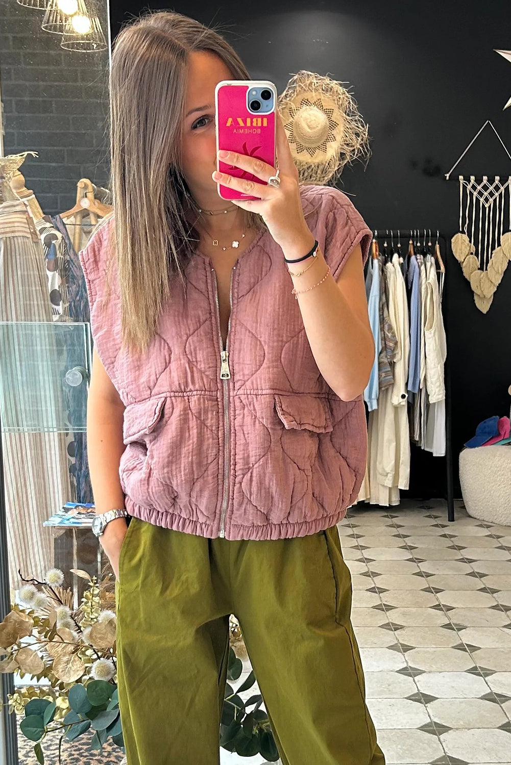 Pink Playful Quilted Zip Up Elastic Hem Vest