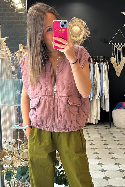 Pink Playful Quilted Zip Up Elastic Hem Vest