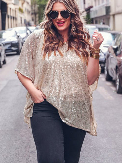 Apricot Plus Size Sequined V Neck Boxy Top