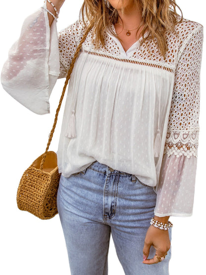 Elegant White Lace Patchwork Swiss Dot Blouse
