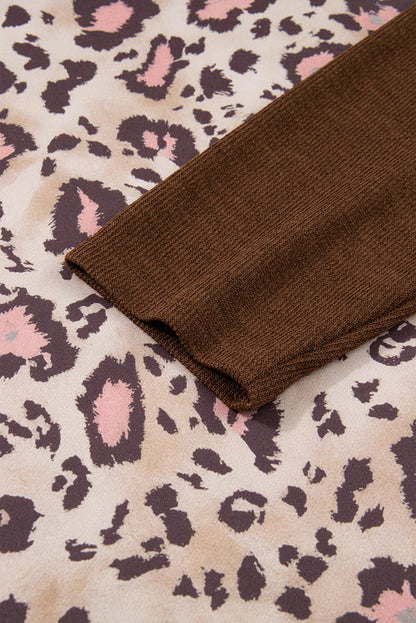 Brown Leopard Print Knit Patchwork Plus Hoodie