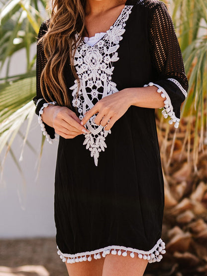 Beach Ready Black Crochet Pom Pom Trim Tunic Cover-Up