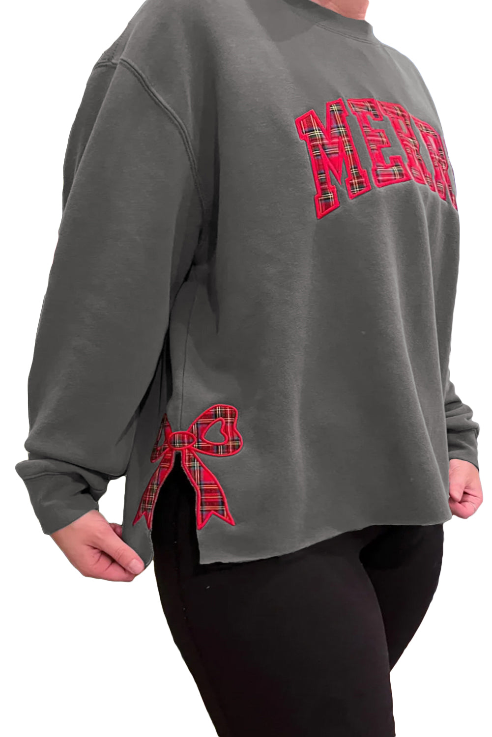 Medium Grey MERRY Side Bow Plaid Pattern Embroidered Graphic Plus Size Sweatshirt