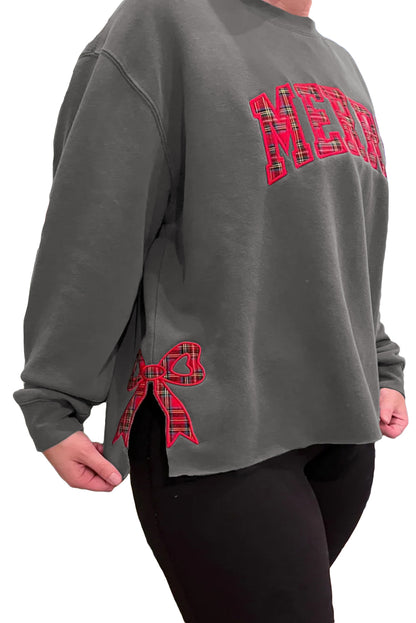 Medium Grey MERRY Side Bow Plaid Pattern Embroidered Graphic Plus Size Sweatshirt