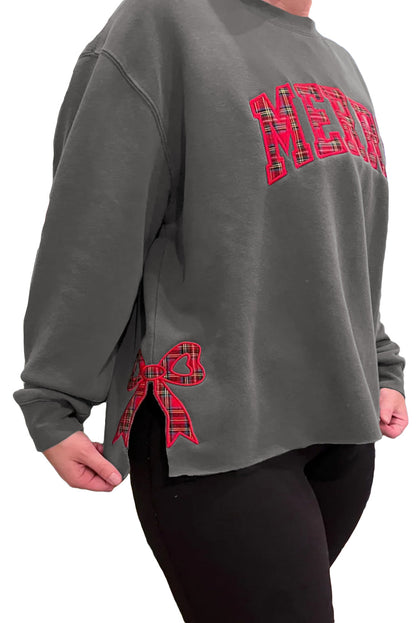 Medium Grey Plaid MERRY Bow Embroidered Plus Size Sweatshirt with Side Slits