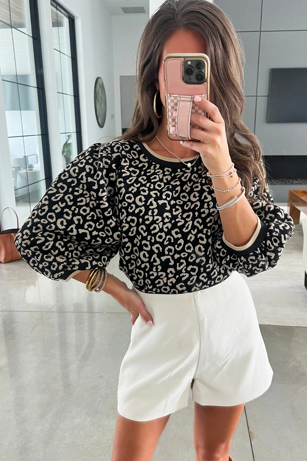 Black Leopard Print 3/4 Puff Sleeve Contrast Trim Round Neck Blouse