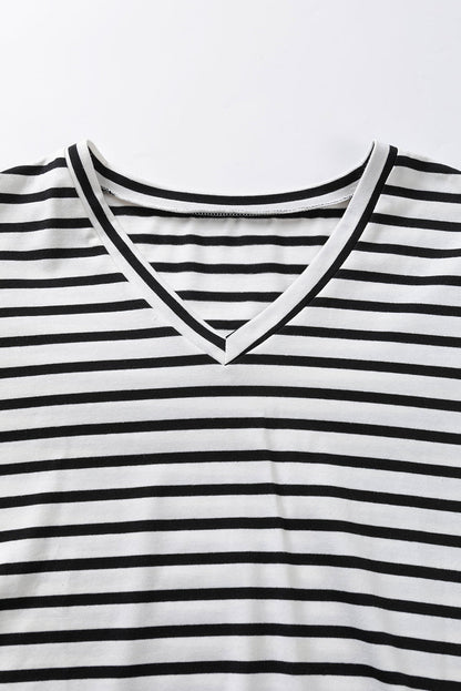 Elegant White Striped V Neck Petal Sleeve Plus Size Tee