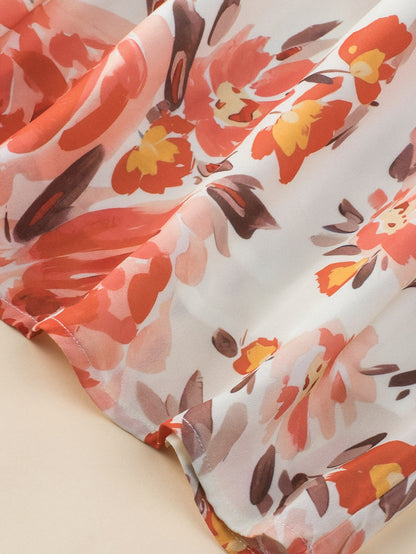 Vibrant Crimson Frilled Neck Ruffle Sleeveless Floral Dress