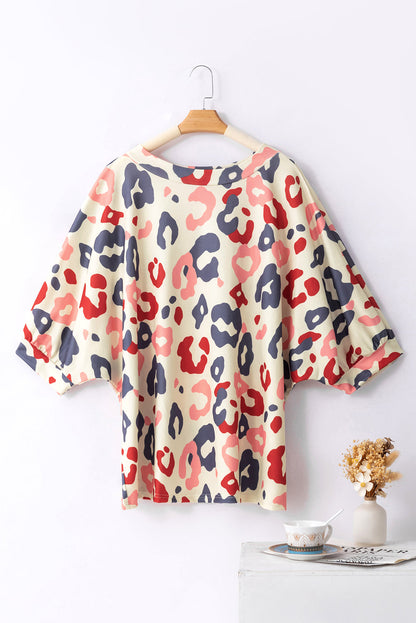 Leopard Print Batwing Sleeve White Plus Blouse