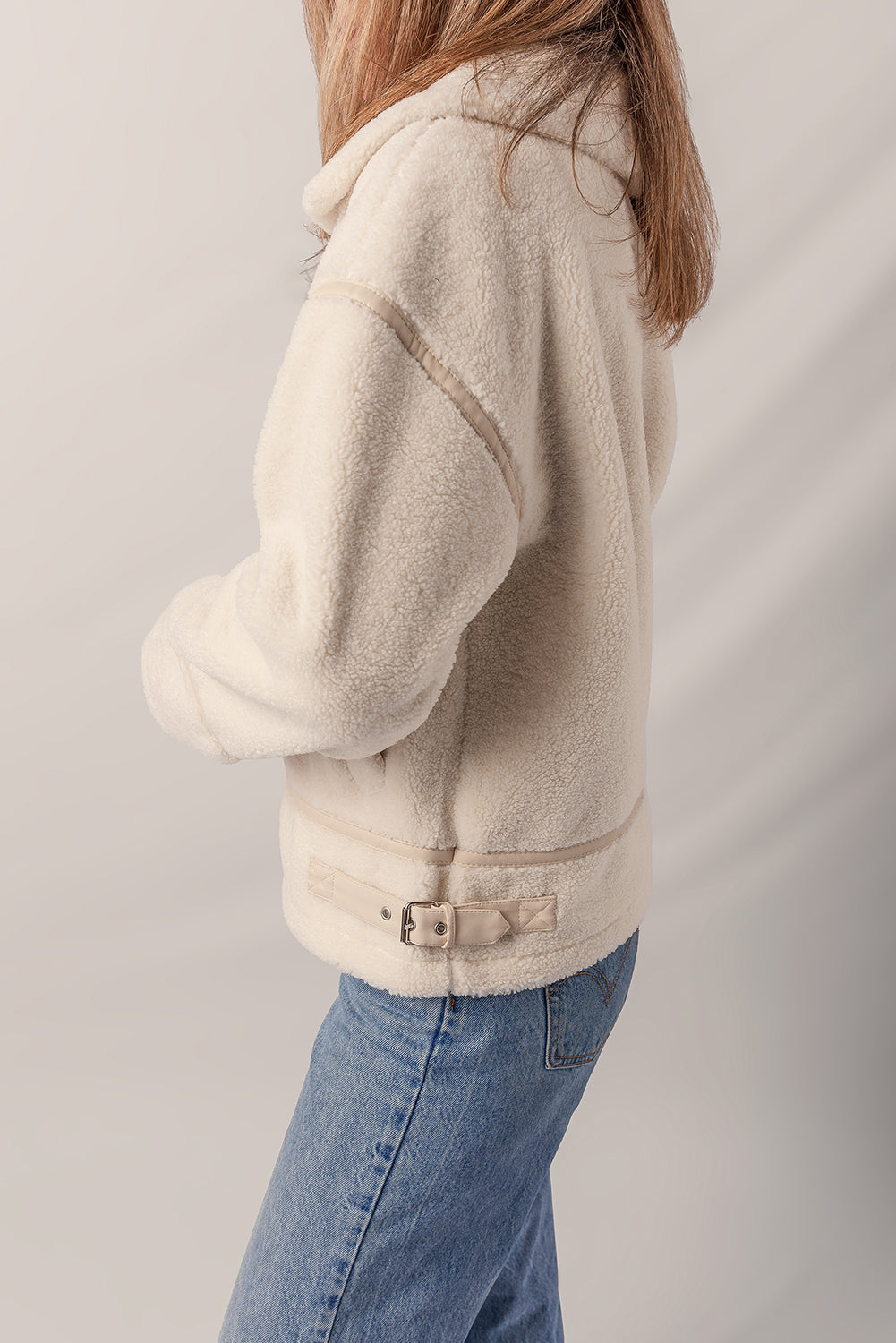 Beige Buckle Collar Detail Zip Up Fleece Jacket
