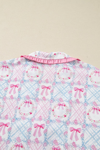 Pink Bow Wreath Pattern Christmas Holiday Tied Front Long Sleeve 2pcs Pajama Set