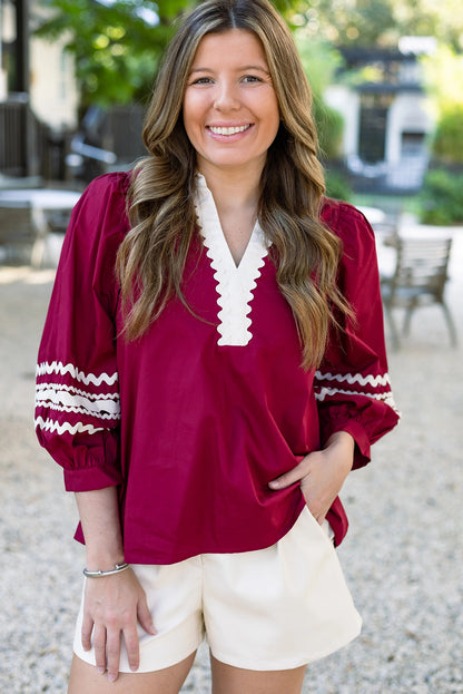 Red Dahlia Contrasted V Neck Ricrac Trim Puff Sleeve Blouse
